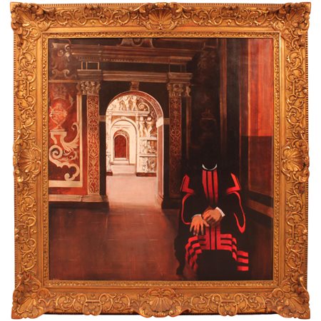 Mario Bardi (1922/1998) "Interno di sacrestia con figura di prelato" Grande...