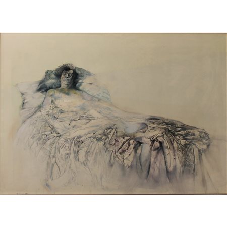 Renzo Vespignani (1924/2001) "Donna distesa" Tecnica mista e acquerello in...