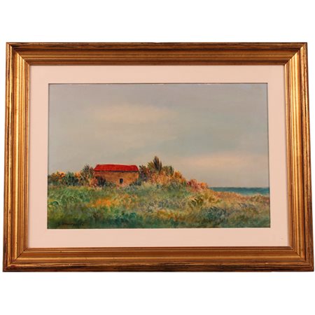 Giovanni Omiccioli (1901/1975) "Capanno a Fregene" Dipinto ad olio su tela in...