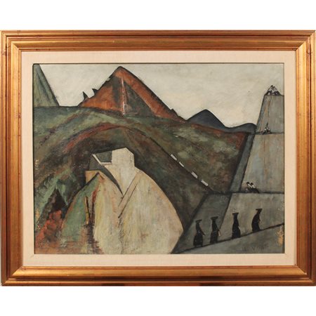 Paesaggio astratto con figure Dipinto ad olio su cartone in cornice dorata....