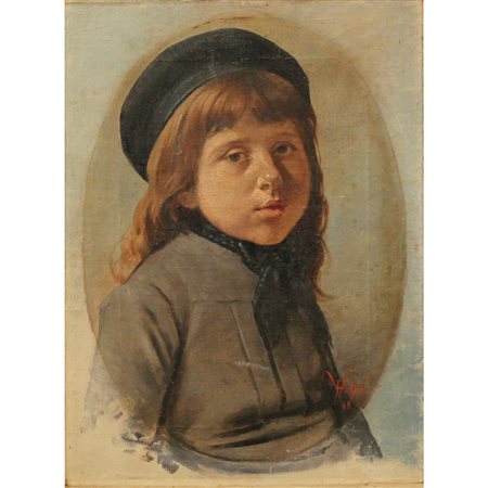 Pietro Volpes (1830/1924) "Figura di bambino con cappello" Dipinto ad olio su...