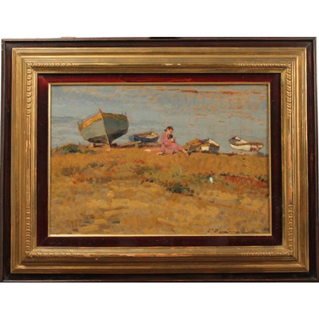 Carlo Domenici (1897/1981) "Barche a terra, isola D'Elba"" Dipinto ad olio su...