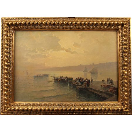 Nicolas De Corsi (1882/1956) "Marina con barche e figure" Grande dipinto ad...