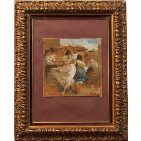 Ettore De Maria Bergler (1850/1915) (att.) "Danza popolare" Bozzetto ad olio...