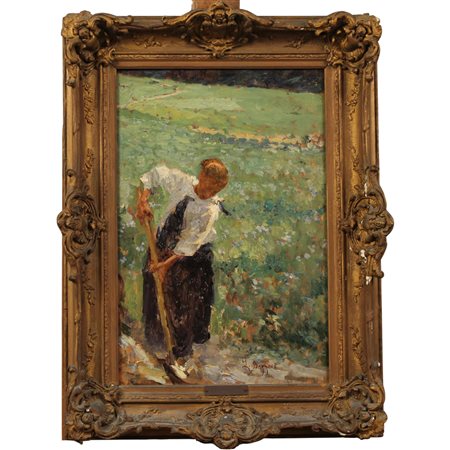 Leonardo Bazzaro (1853/1937) "Nei campi" Dipinto ad olio su tavola inb...