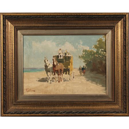 Aurelio Catti (1895/1966) "Carrozza in riva al mare" Dipinto ad olio su...