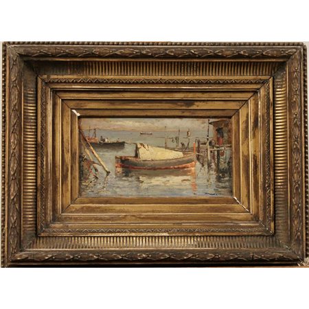 Natale Attanasio (1845/1923) "Barche di pescatori in porto" Dipinto ad olio...