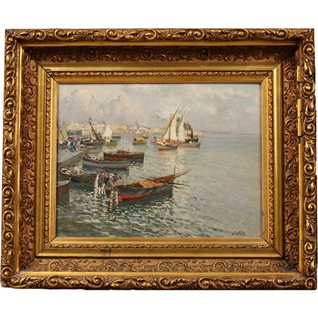 Attilio Pratella (1856/1949) "Marina con barche di pescatori" Dipinto ad olio...