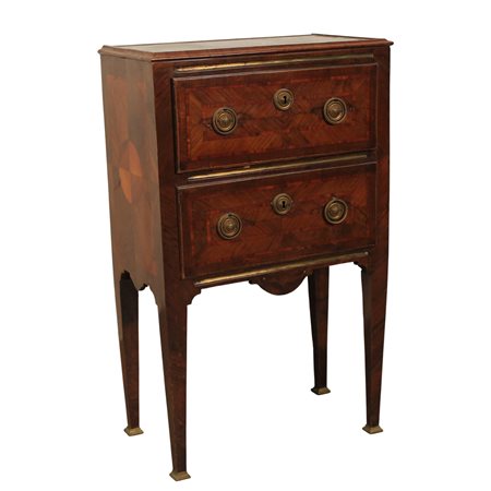 Comodino a due cassetti Palissandro con perfili in legno rosa e maniglie in...