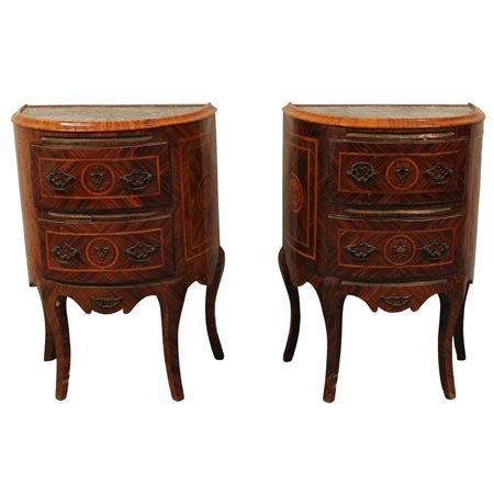 Coppia di comodini a mezzo arancio Ebano violetto con intarsi in bosso a...