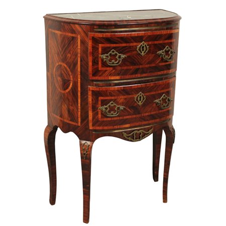 Comodino a due cassetti Ebano violetto con perfili in legno rosa a motivi...