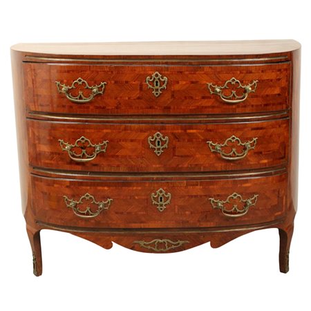 Cassettone a mezzo arancio a tre cassetti Noce con perfili in legno rosa....