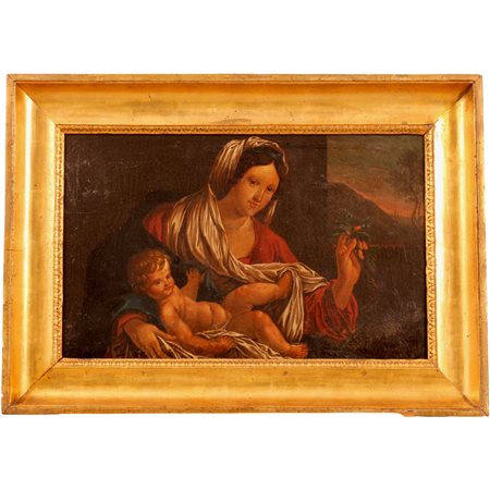 Scuola siciliana del secolo XVIII "Madonna con Bambino" Dipinto ad olio su...