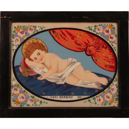 Gesù bambino Dipinto ad olio su vetro in cornice in legno ebanizzato....