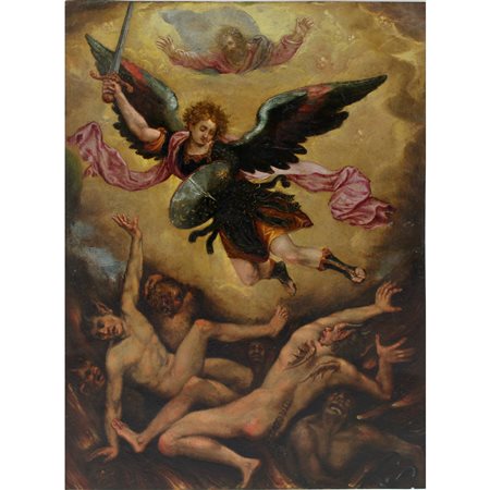 Scuola emiliana del secolo XVII "San Michele Arcangelo scaccia i demoni"...