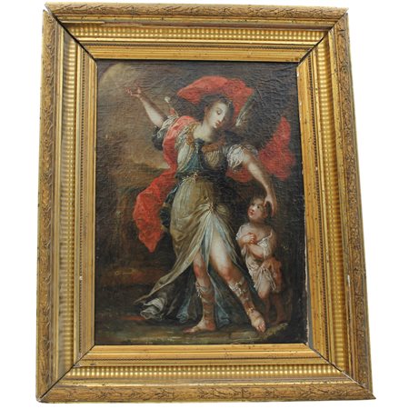 Scuola siciliana del secolo XVIII "Tobiolo e l'angelo" Dipinto ad olio su...