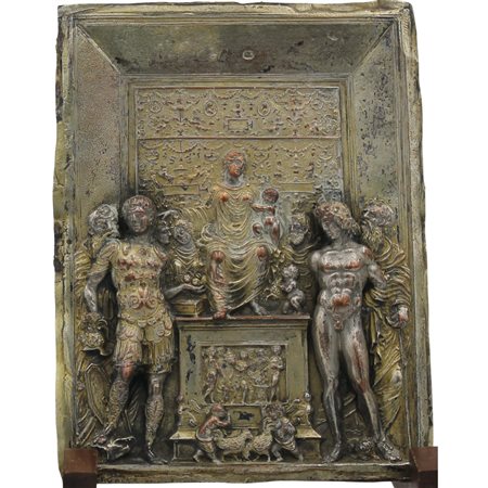 Scuola di Galeazzo Mondella "Scena biblica" Placca in rame argentato e...
