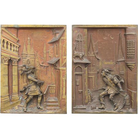 Coppia altorilievi Bronzo dorato raffiguranti scene di genere. Francia....