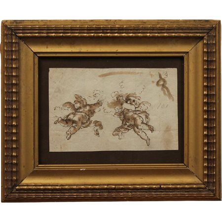 Artista siciliano del secolo XVIII "Putti alati" Disegno a china su carta in...