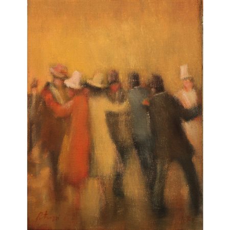 Angelo Petrozzi (XX) "Il ballo" Dipinto ad olio su tela in cornice in legno...