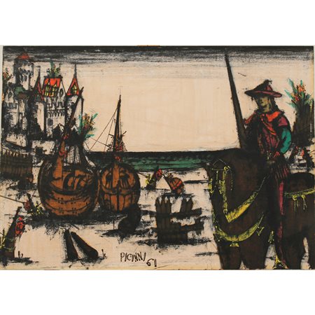 Marina con velieri e figure Dipinto ad olio su compaensato in cornice....