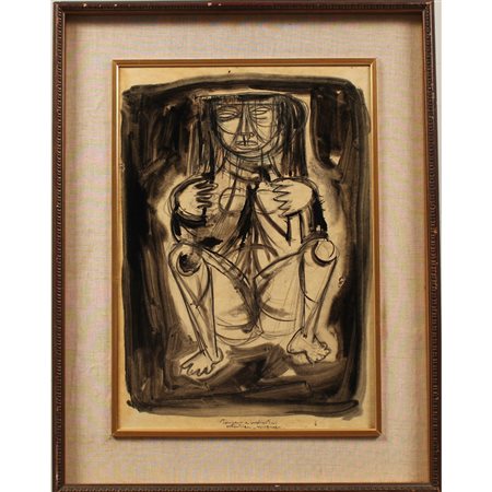 Figura Tecnica mista su tela in cornice. Firmato Migneco. Sul retro timbro a...