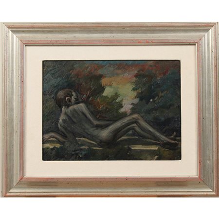 Nudo disteso Dipinto ad olio su tela in cornice argentata. Firma indistinta....