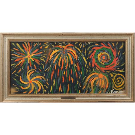 L. Vernengo Croce "Astratto" Dipinto ad olio su tavola in cornice argentata....