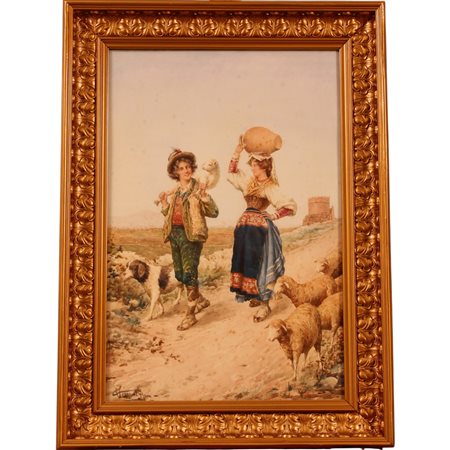 Carlo Ferranti (1840/1908) "Popolani" Acquerello su carta in cornice in legno...