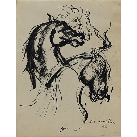 Saro Mirabella (1914/1972) "Studi di cavalli" China su carta. Datato '56. Cm...
