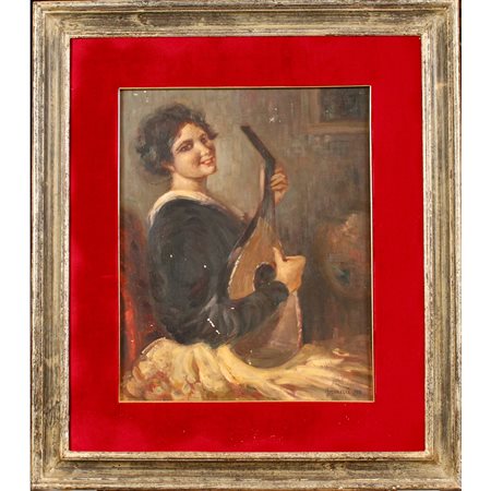 Alfonso Amorelli (1898/1969) "Figura di ragazza con mandolino" Dipinto ad...