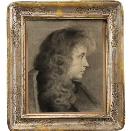 Profilo di ragazza Carboncino su carta in cornice in legno argentato....