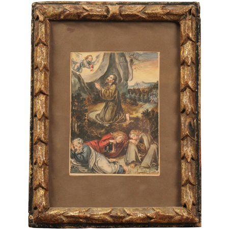 Scuola italiana del secolo XIX "Gesù in orazione nell'orto" Acquerello su...