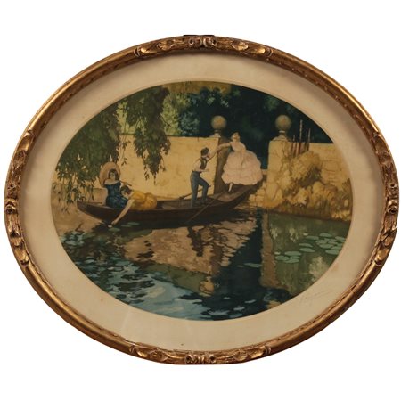Scena galante sul lago Acquerello su carta in cornice in legno dorato. Inizi...