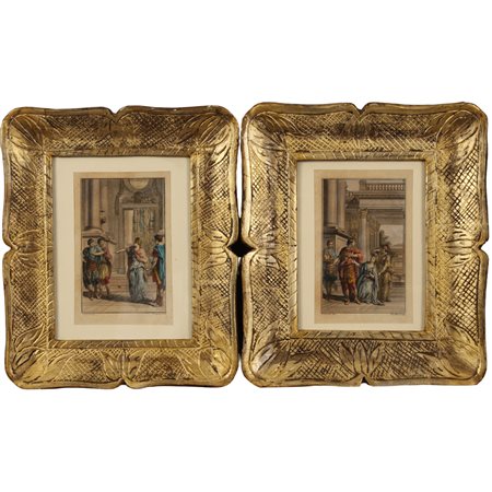 Coppia di stampe Stampe acquerellate inserite in cornici a vassoio in legno...