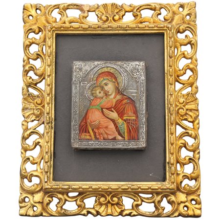 Madonna con Bambino Icona su tavola in cornice. Secolo XX. Cm 11x13,5
