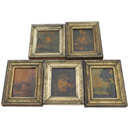 Cinque piccole stampe Stampe acquerellate in cornici in legno dorato. Fine...