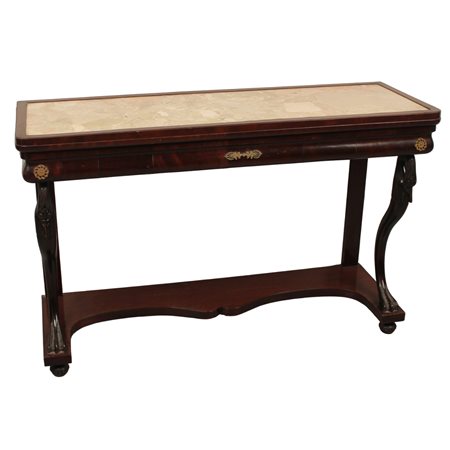 Consolle Piuma di moganoogano con cigni laterali scolpiti e piano in marmo...