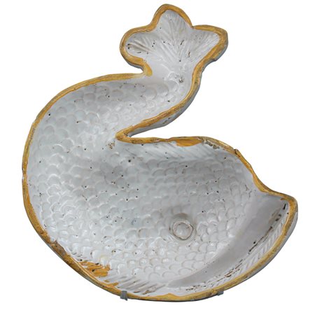 Grande formella Maiolica a forma di pesce. Sicilia. Fine secolo XIX. Cm 25x28
