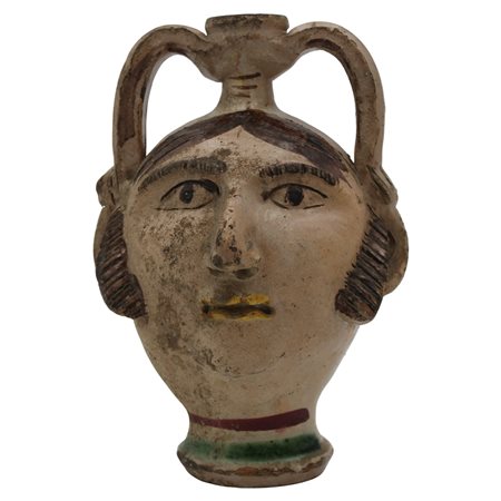 Fiasca antropomorfa a due manici Antica maiolica decorata con motivi...
