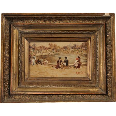 Arnaldo De Lisio (1869/1949) "La visita al parco" Dipinto ad olio su tavola...