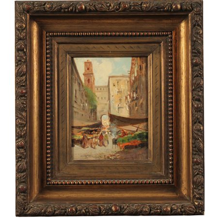 Oscar Ricciardi (1864/1935) "Scena di mercato" Dipinto ad olio su tavola in...