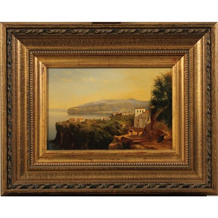 Veduta di Sorrento Dipinto ad olio su tavola in cornice in legno dorato....