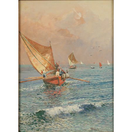 Attilio Pratella (1856/1949) "Barche di pescatori" Acquerello su carta in...