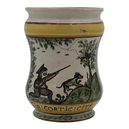 Cilindro Antica maiolica con decoro frontale raffigurante scena di caccia su...