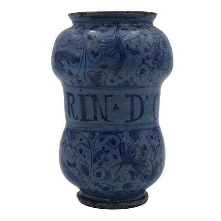 Vaso Antica maiolica decorata a berrettino con motivi floreali e iscrizione...