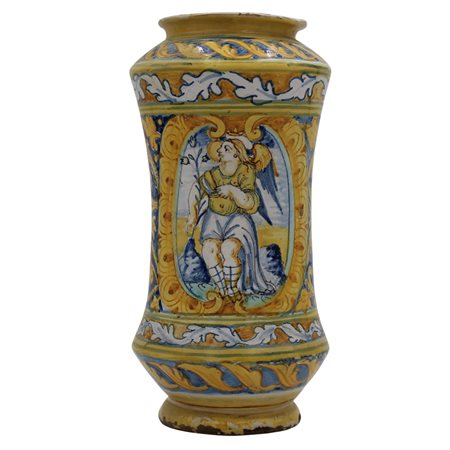Albarello Antica maiolica policroma decorata sul davanti con San Gabriele e...