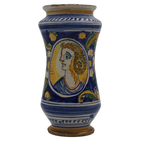 Albarello Antica maiolica decorata con profilo di ragazzo e motivi floreali e...