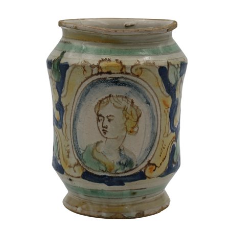 Rocchetto Antica maiolica decorata con volto di donna e motivi vegetali e...