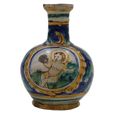 Bottiglia Antica maiolica decorata con figura del Bambinello, sul retro...